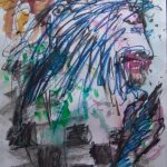 unten Schachbrettmuster und Hand, oben wilde blaue Frisur am Kopf im Profil