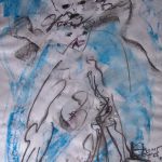 graue Aktdarstellung zwischen blauen Streifen
