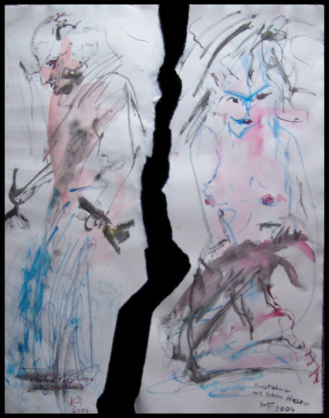 links Manfred Forschner malend mit zwei Pinsel, rechts eine nackte Frau kniend, auf den Knien einen toten Hasen
