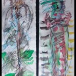 Hornschädel rechts und archaische Gestalt links