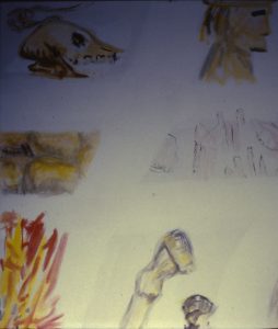 Schädel, Akt , Mann, Feuer und Pferdehufe schauen zum Rand herein