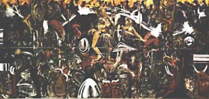 Massenszene mit Eiern und grotesken Figuren