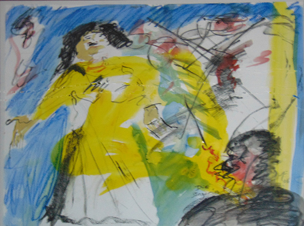 singende Frau mit Zuschauer in Gelb, Blau mit rot Tupfern und partiell Schwarz
